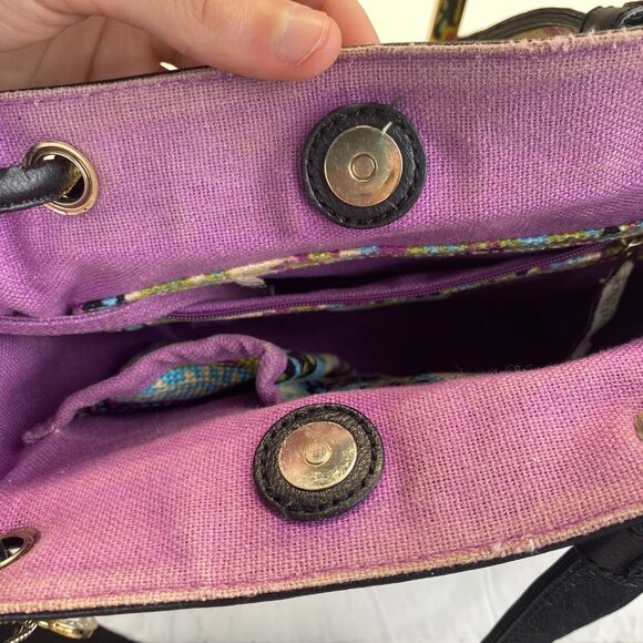 Spartina 449 Floral Multicolor‎ Linen Fabric with Black Leather Trim Tote Bag - Picture 7 of 13